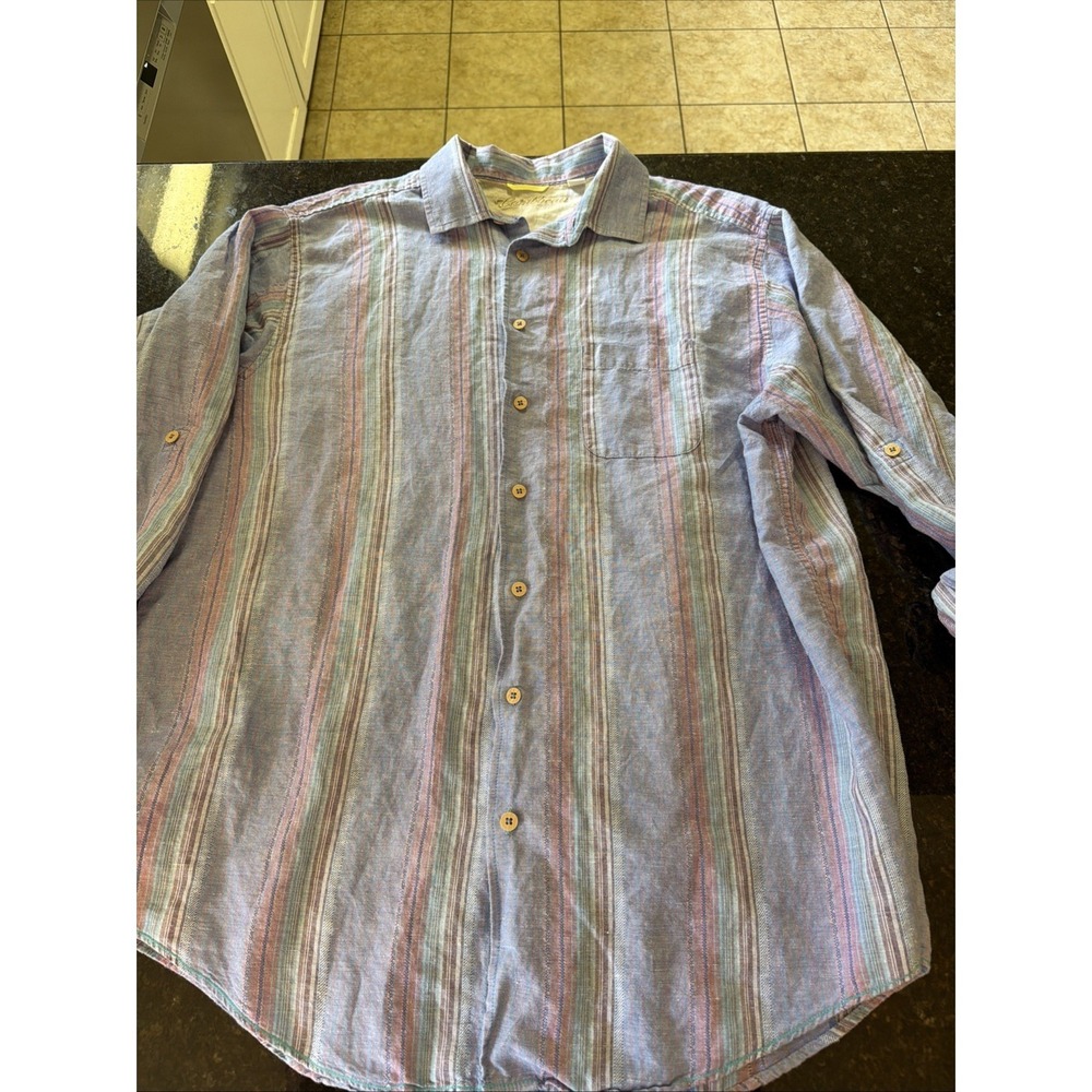 Caribbean Men's Linen Shirt Sz 2XT Lightweight‎ Shirt Beach Roll Sleeves Striped